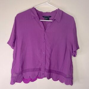 Armani Exchange Purple Short Sleeve Button Down Shirt With Scalloped Edges Large